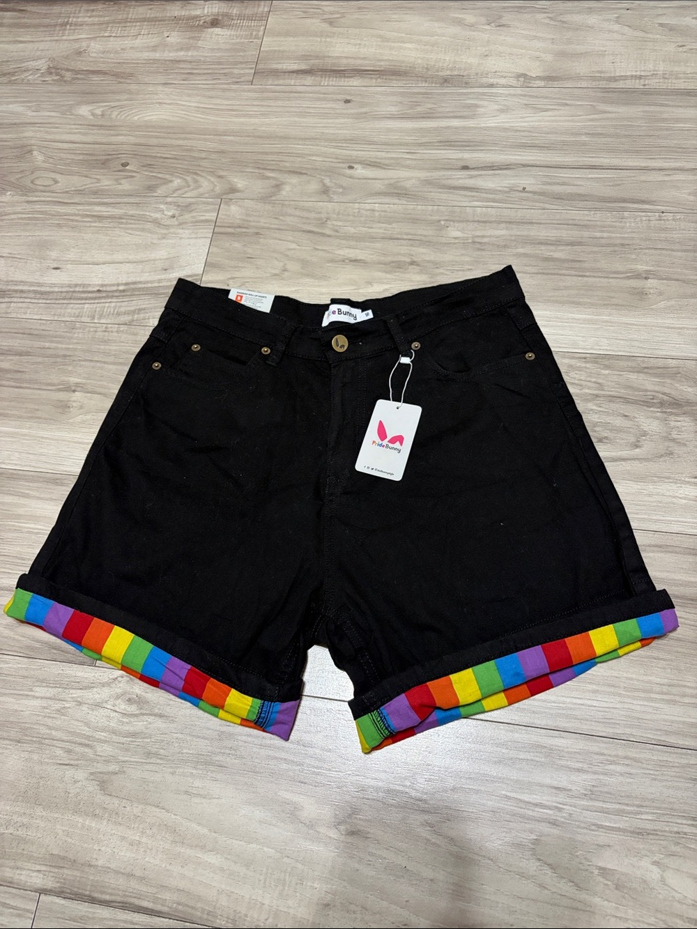 Black Denim Women's Shorts with Rainbow Hem - Unbranded
